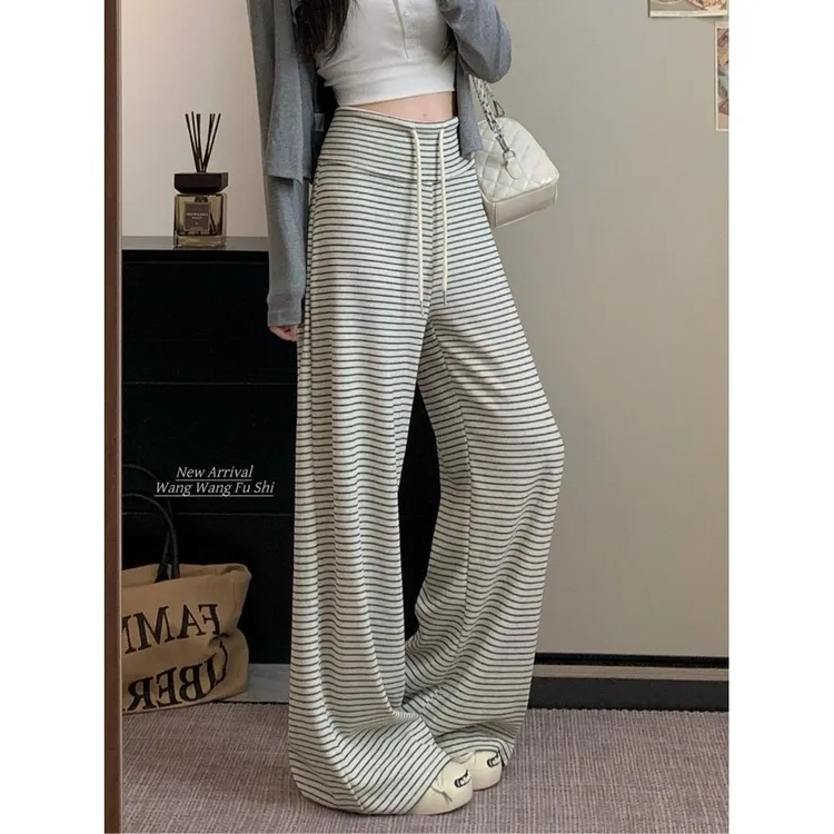 雪千羽慵懒风条纹抽绳休闲裤女秋季2025新款宽松显瘦时尚拖地长裤