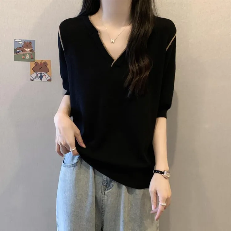欧货V领短袖冰丝针织T恤女夏季大码胖妹妹显瘦高级感气质打底上衣