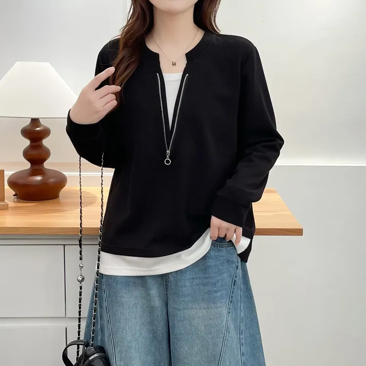 大码女装2025秋新款胖mm时尚休闲拼色假两件宽松显瘦长袖T恤上衣