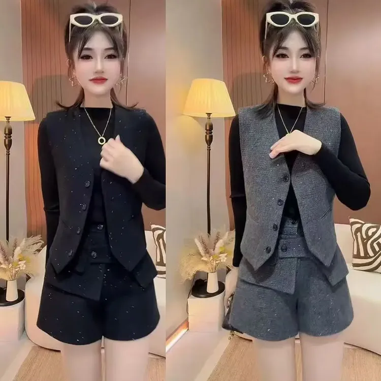 冬季小香风蝴蝶结亮闪毛呢马甲短裤套装女气质显瘦时尚洋气两件套