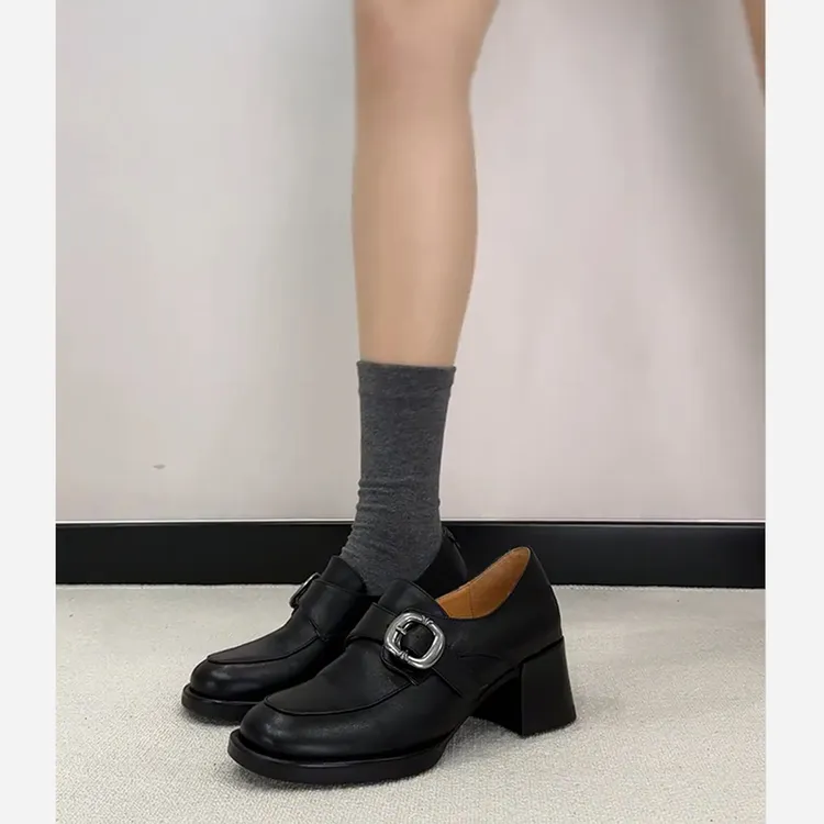 羊皮版~法式复古粗跟高跟乐福鞋女2025新款百搭时尚英伦风小皮鞋