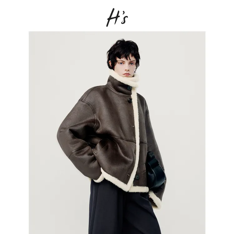 HS翻边毛绒短外套女25冬新款高级设计感绵羊毛落肩皮衣夹克上衣