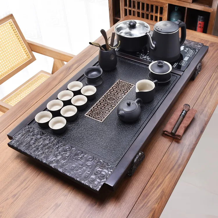 诗朋全自动茶具套装家用石茶盘茶台烧水壶一体实木大茶海整套排水