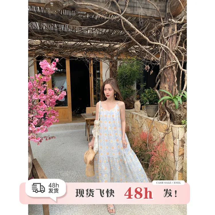 现货陳文文【繁花予槿】夏季度假重工镂空绣花吊带气质连衣裙L6009