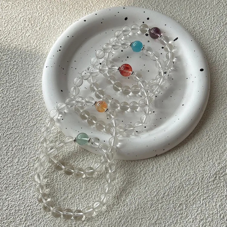手工手作小众彩色天然白水晶手串手链黄紫绿萤石红胶花时尚百搭