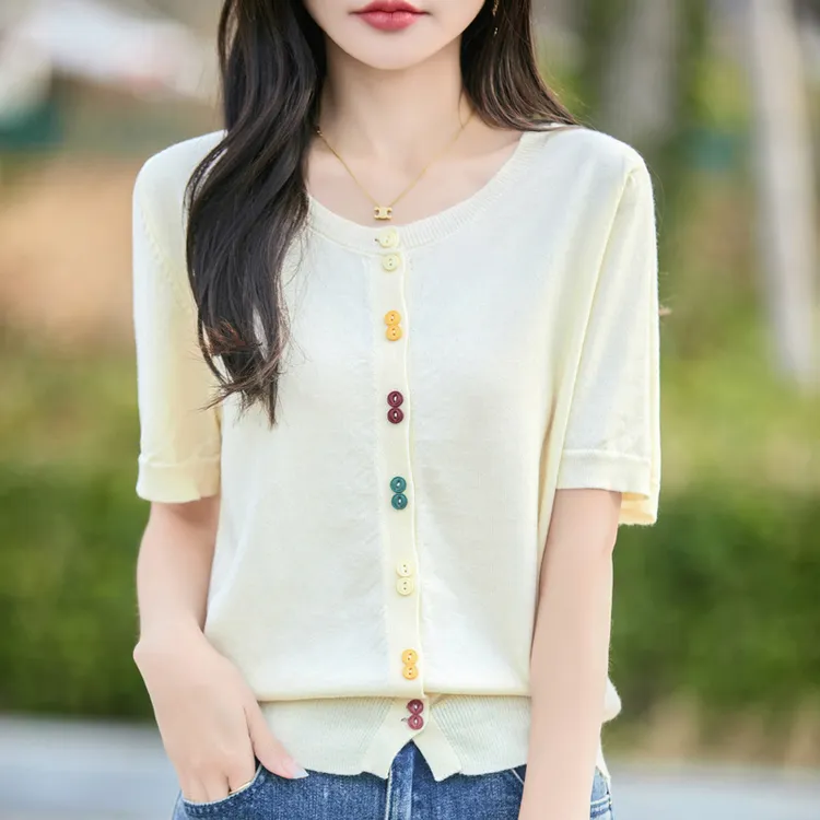 哥弟阿玛施正品2025夏季新款短袖针织衫女圆领彩扣百搭显瘦T恤