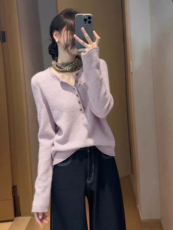 温柔浅紫色毛衣女2025秋冬季宽松针织衫上衣打底