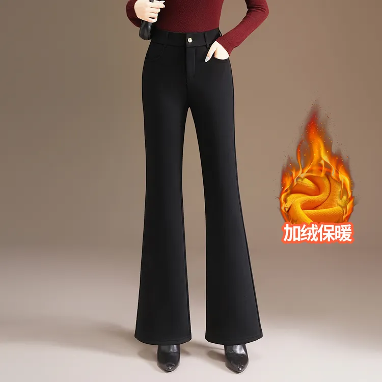 黑色显瘦加绒微喇叭裤女冬季2025新款高腰通勤气质长裤休闲裤