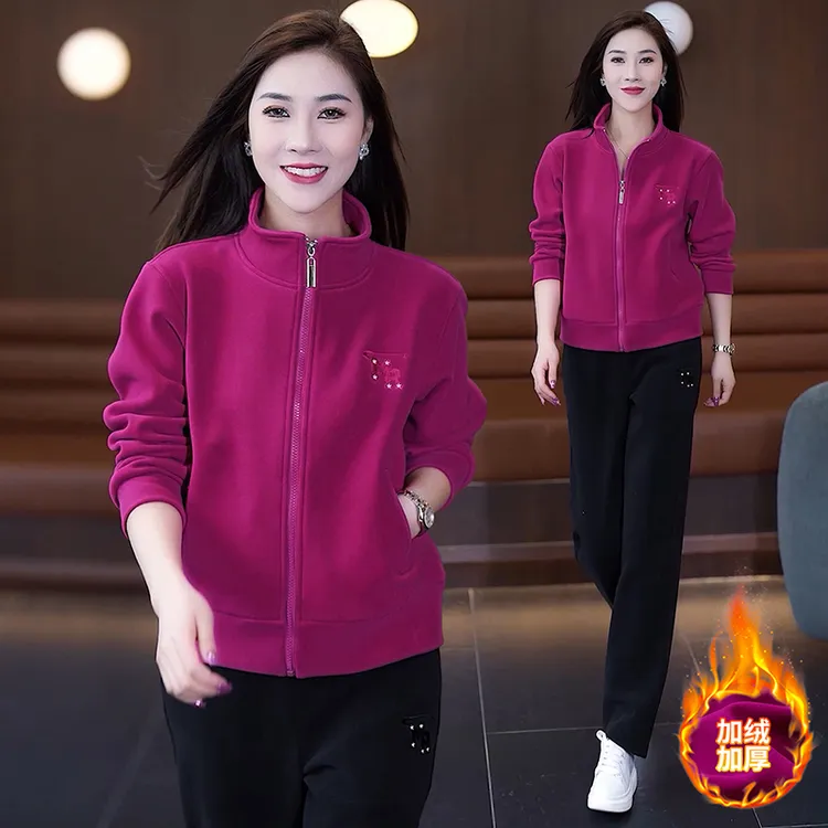 加绒运动套装女秋冬季2025新款中年妈妈装加厚卫衣外套休闲运动服