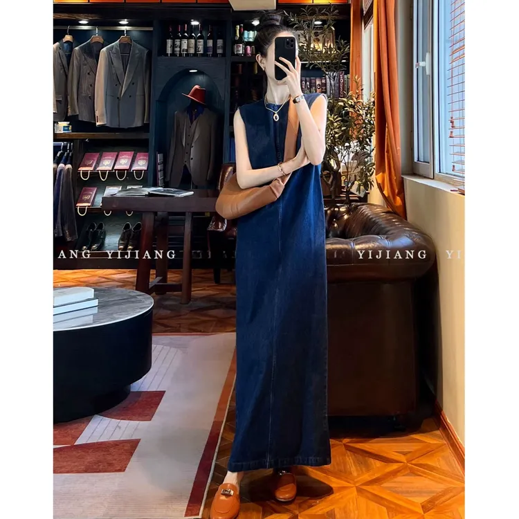 小众设计感连衣裙女装夏季气质收腰显瘦蓝色牛仔裙长裙子