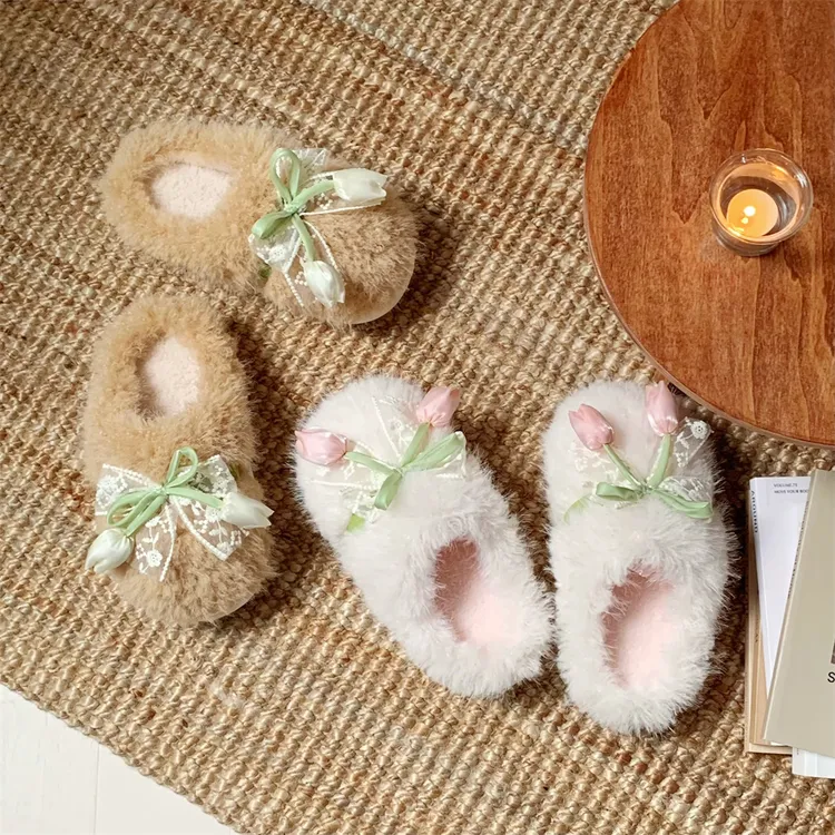 软底甜美棉拖鞋冬卧室保暖学生家用法式郁金香蕾丝女士休闲毛毛鞋