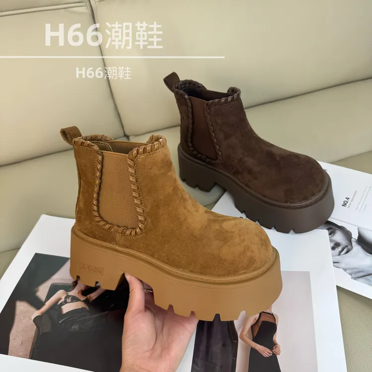 欧货2025秋季新款短靴女磨砂真皮一脚蹬松糕厚底增高短靴