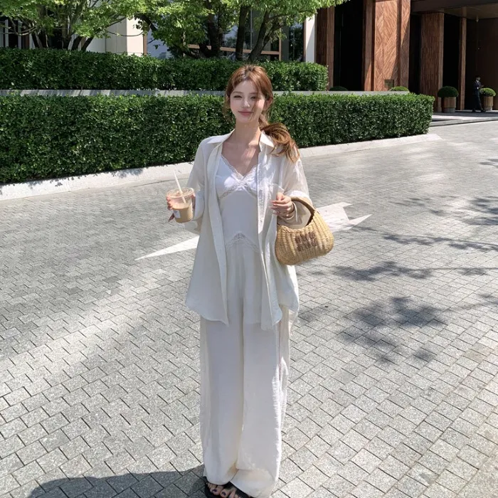 高级感宽松蕾丝拼接长袖衬衫上衣慵懒垂感休闲阔腿裤两件套女夏季