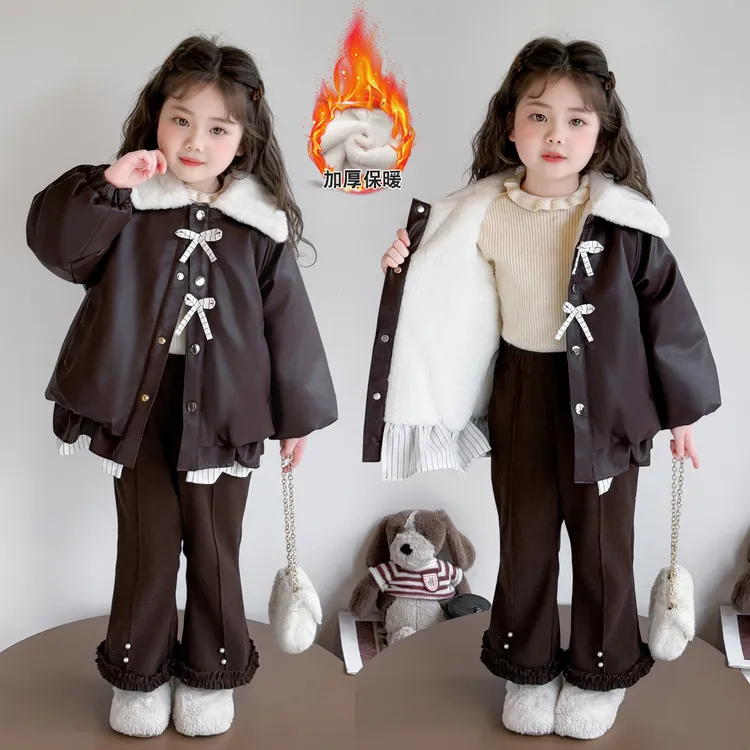 女童皮衣外套冬季加绒两件套洋气韩版时髦喇叭裤套装小女孩冬装潮