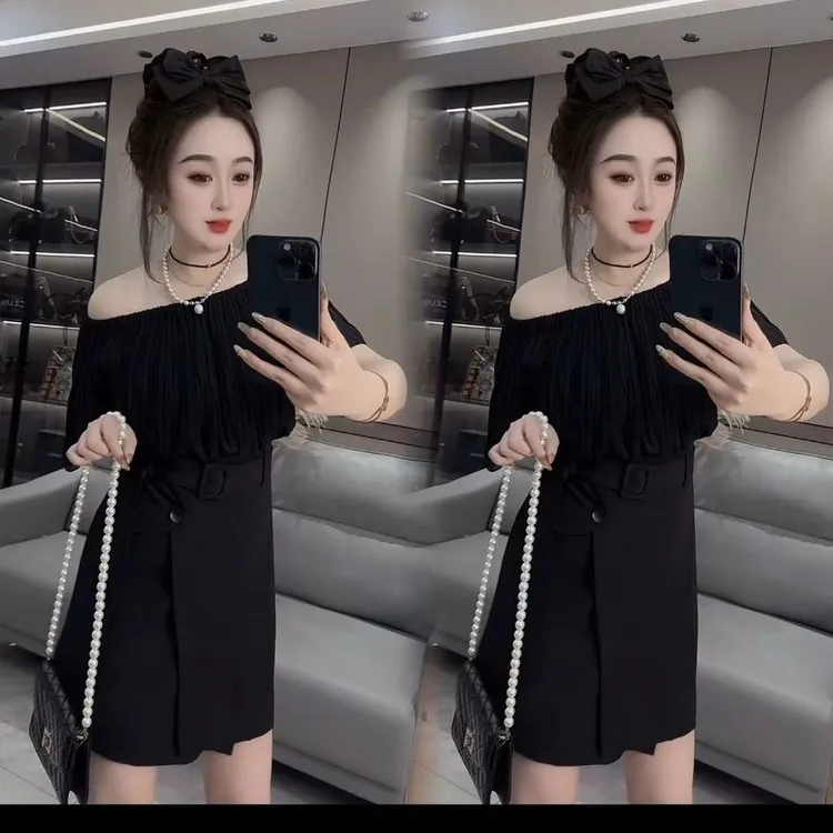 1079网红爆款百褶拼接连衣裙气质显瘦2025夏季新款假两件连衣裙女