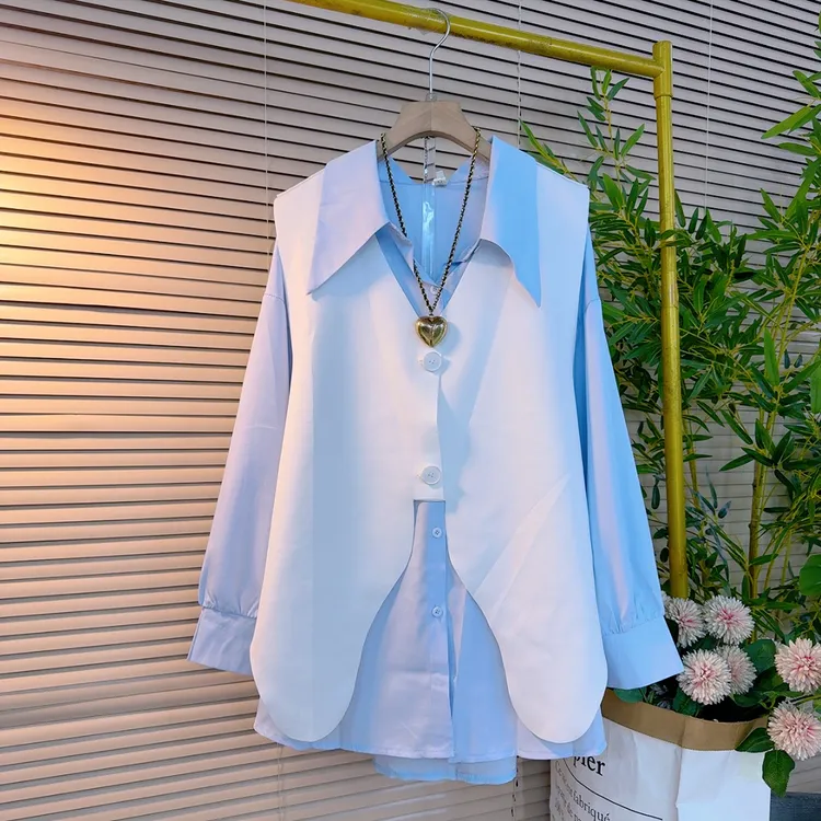 8709胖妹妹欧货时尚潮流气质遮肉款翻领纯色衬衫搭毛边不等式马甲