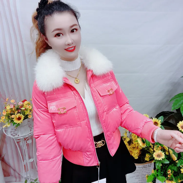女士短款高腰亮面大毛领加厚免洗时尚百搭秋冬棉服