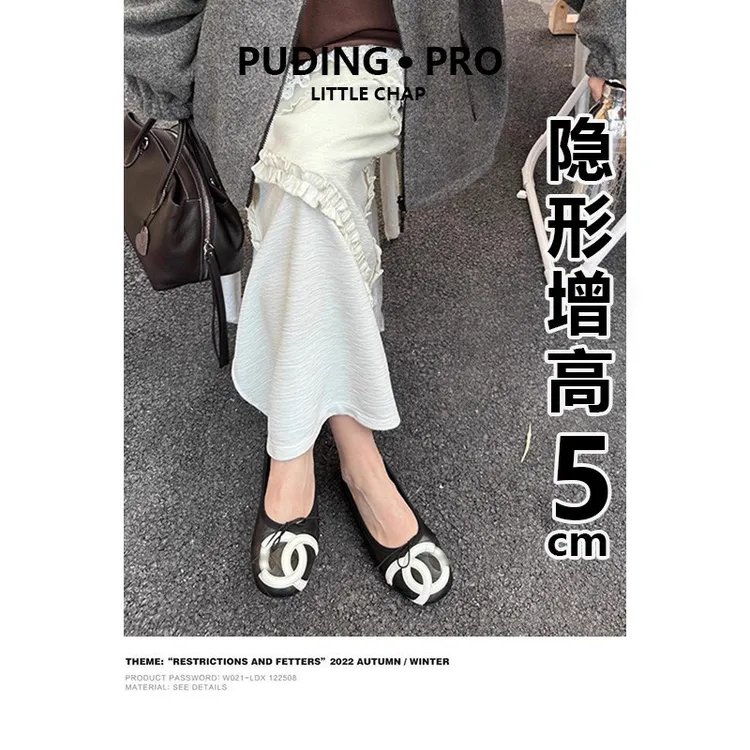 真皮版~气质小香风内增高5cm浅口单鞋复古蝴蝶结芭蕾舞鞋女奶奶鞋