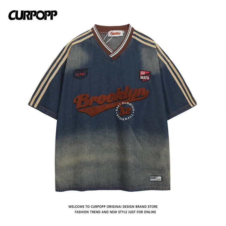 CURPOPP美式复古字母植绒牛仔短袖T潮牌宽松情侣百搭V领运动上衣