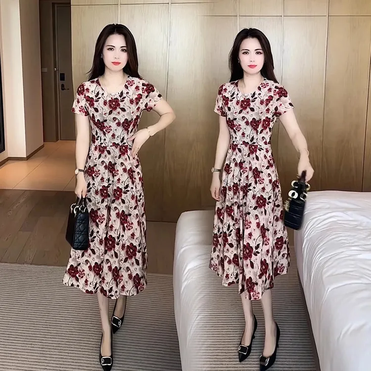 印花连衣裙妈妈洋气过膝夏季新款气质修身显瘦中长款裙子时尚短袖