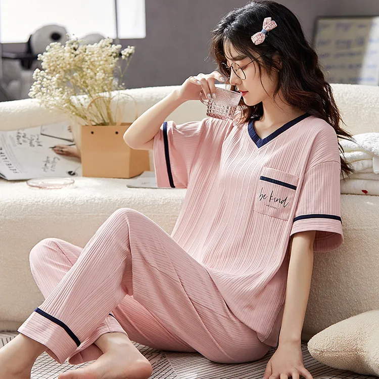 夏季女士睡衣短袖长裤圆领套装棉质薄款棉学生外穿休闲透气家居服
