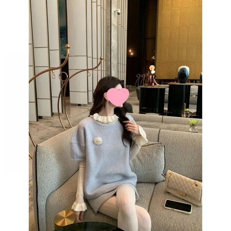 【韩里韩气】慵懒格调 彩色亮片针织呢短袖减龄短裙蓝色秋冬套装女