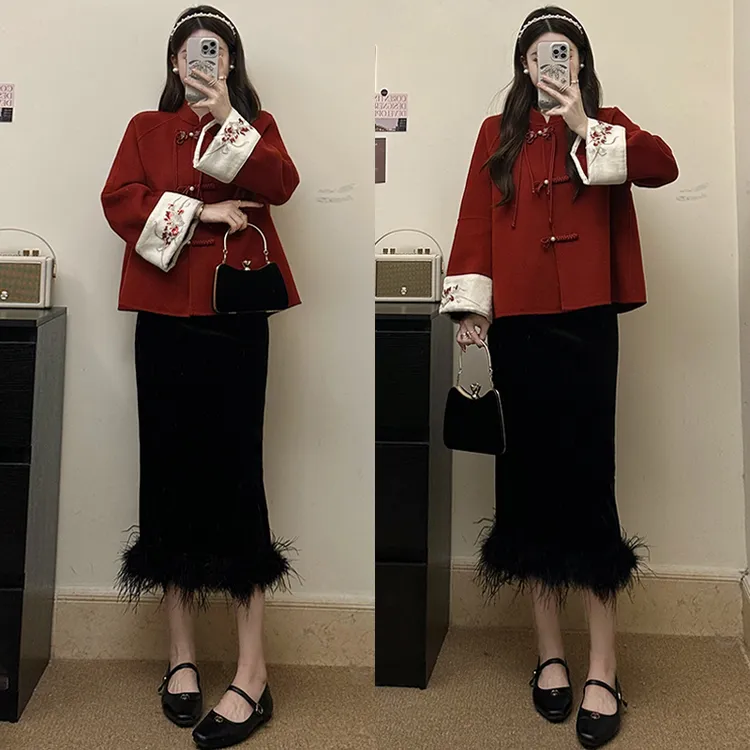 大码胖mm女装新中式秋冬红色盘扣毛呢外套遮肉显瘦半身裙两件套装