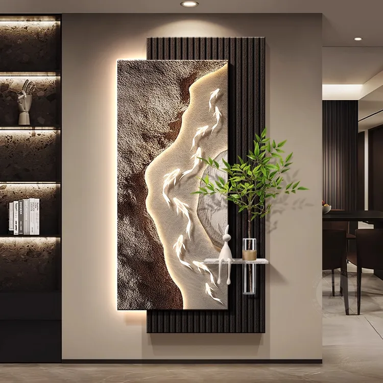 九鱼图挂画轻奢入户进门玄关2025装饰画水培绿植走廊过道壁灯画