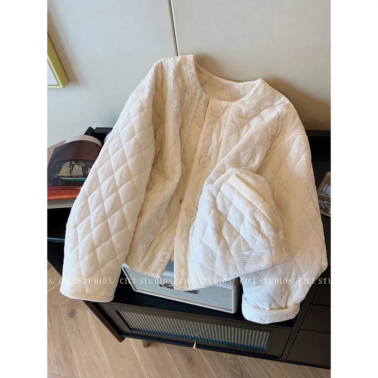 简约白色丝绒菱格纹棉服外套女2025秋冬新款保暖百搭休闲夹棉棉衣