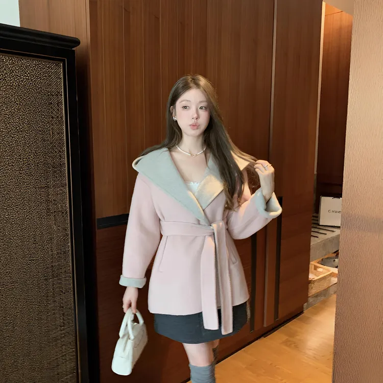 气质温柔千金风连帽收腰毛呢斗篷双面拼色羊毛加厚毛呢大衣外套