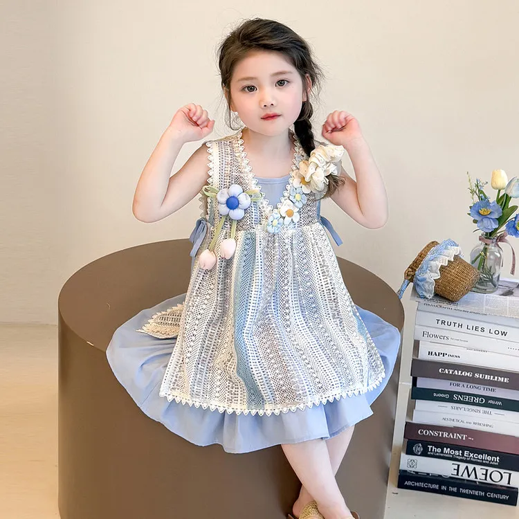 女童夏季度假风连衣裙2025新款儿童蕾丝花边波西米亚背心裙两件套