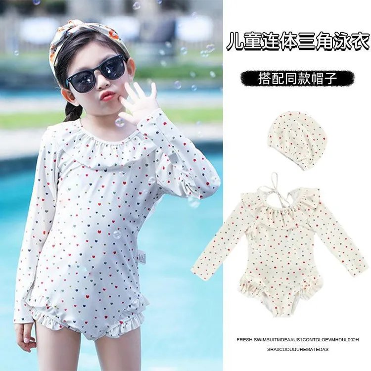 女童泡温泉碎花长袖泳衣2025新款女孩游泳衣小童漏背泳装洋气