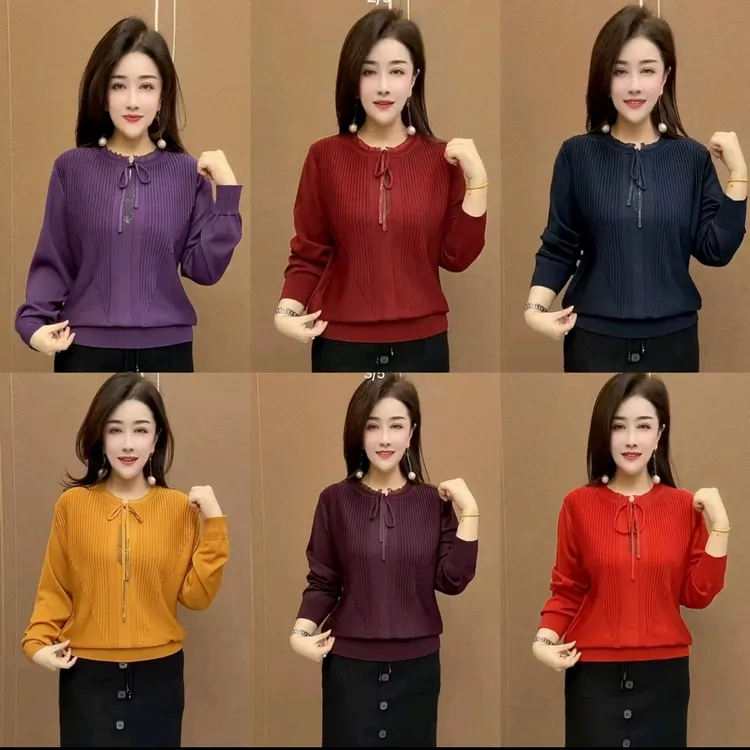 春秋时尚中老年圆领宽松印花针织衫妈妈装遮肉显瘦百搭打底上衣