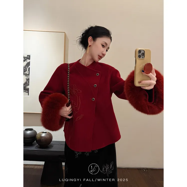 鹭青一原创【纳吉】70支羊毛复古绣花双面呢外套女L25G7657BA