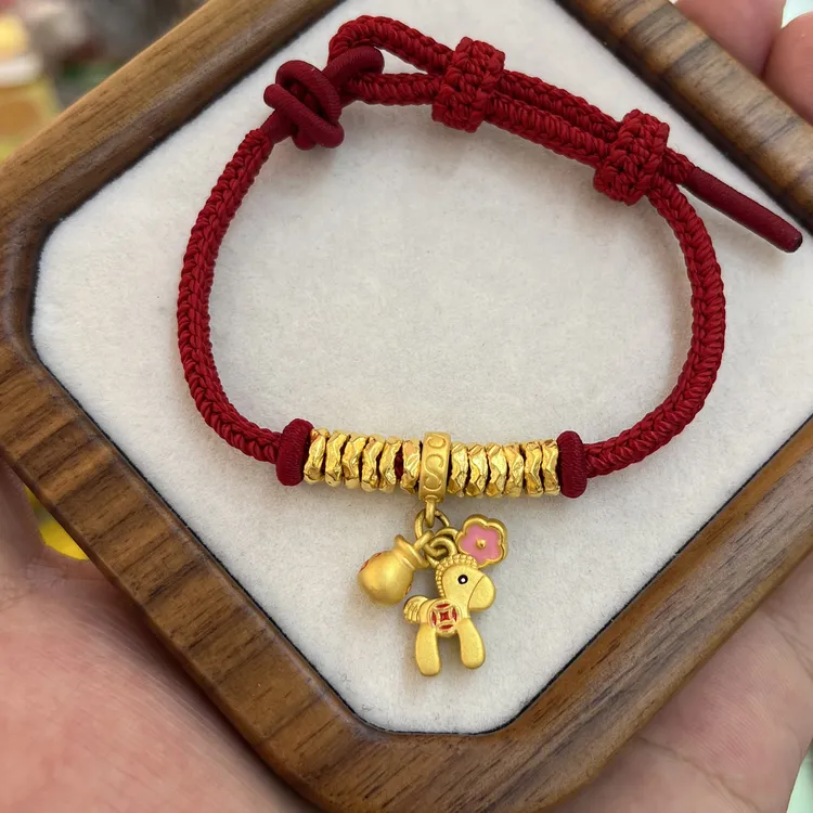 足金盘缠小马马上有钱花金珠手链转运珠红绳手工小众好礼