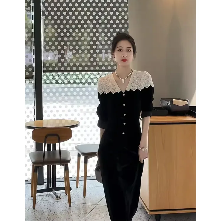 欧洲站春秋女2025年新款女法式赫本风气质长裙黑色大码长袖连衣裙