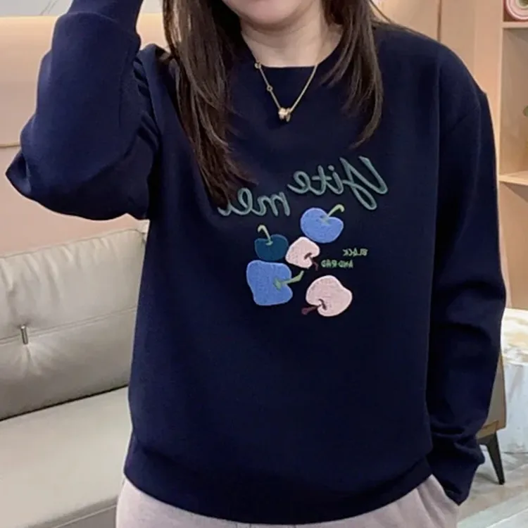 2025秋冬季新款刺绣印花时尚百搭无帽上衣慵懒宽松圆领长袖卫衣女