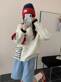 【秋季新品】长袖慵懒风秋冬韩版宽松时尚拼色针织衫圆领＋针织挎包