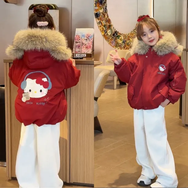 女童中大童2025新款加绒加厚时尚洋气大毛领休闲风女童冬装外套