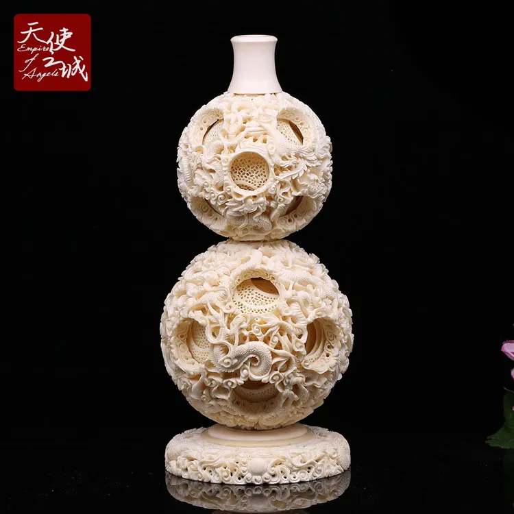 天然猛犸象牙龙凤呈祥葫芦鬼工球摆件