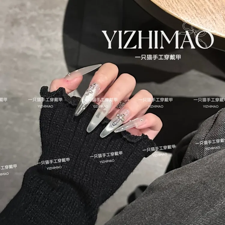 【银河克罗心】清冷风高级爆闪灯泡猫眼魔镜法式美甲手工穿戴甲贴片