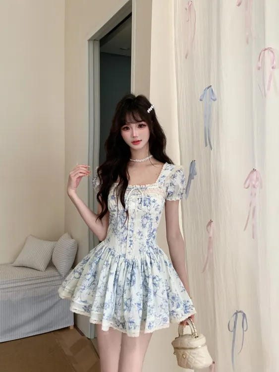 越韩小鱼 古董花瓷 法式甜美泡泡袖连衣裙收腰显瘦清冷感蓬蓬裙女