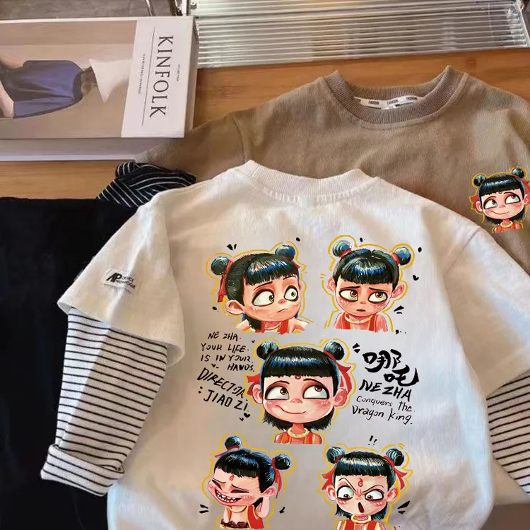 哪吒儿童衣服纯棉春秋款假两件外穿洋气上衣卡通哪吒百搭T恤打底t