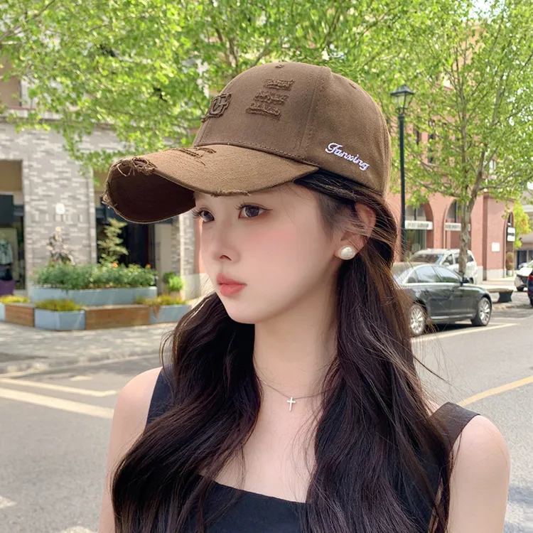 帽子女夏季立体字母刺绣做旧破洞鸭舌帽韩版百搭遮阳显脸小棒球帽
