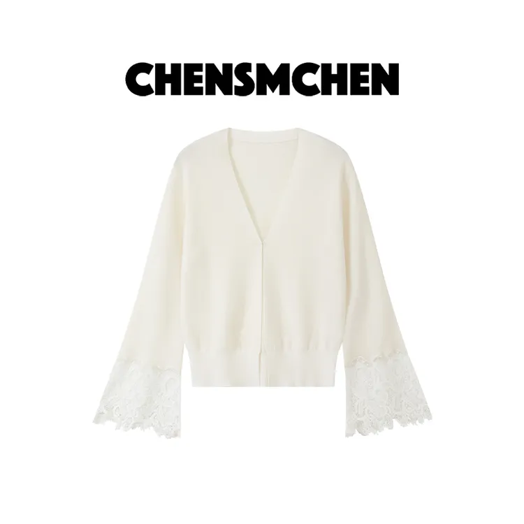 CHENSMCHEN100羊毛扬子纱蕾丝拼接针织衫女气质显瘦上衣CSZ5516TT