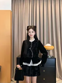 周【竹影花】秋款韩系丝绒套装减龄少女千金风显瘦半裙两件套