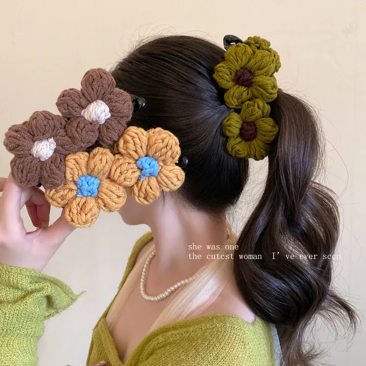复古毛线花朵香蕉夹竖夹女秋冬饱满后脑勺高马尾抓夹气质百搭发夹