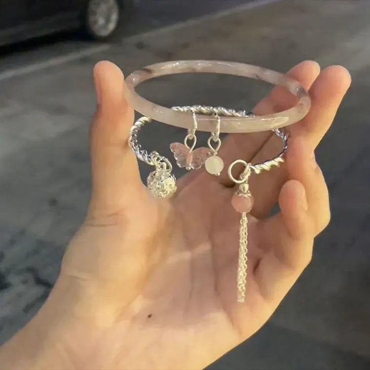 合金铅玻璃手镯 新中式流苏叮当银色麻花镯小众玻璃套装闺蜜礼物