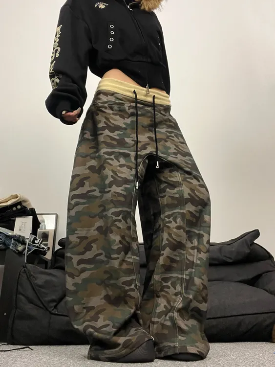 15GET 美式复古毛圈迷彩抽绳阔腿卫裤秋冬垂感撞色显瘦裤子男女潮