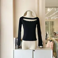 LHTE青青大码女装  春秋一字肩性感镂空上衣打底衫C5326黑色